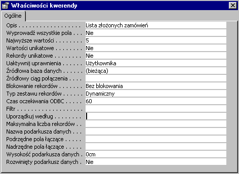 Konstruowanie baz danych, c Marcin Szpyrka 2005/06 17 Właściwości pól Opis Znaczenie poszczególnych opcji jest takie samo jak dla pól tabel.