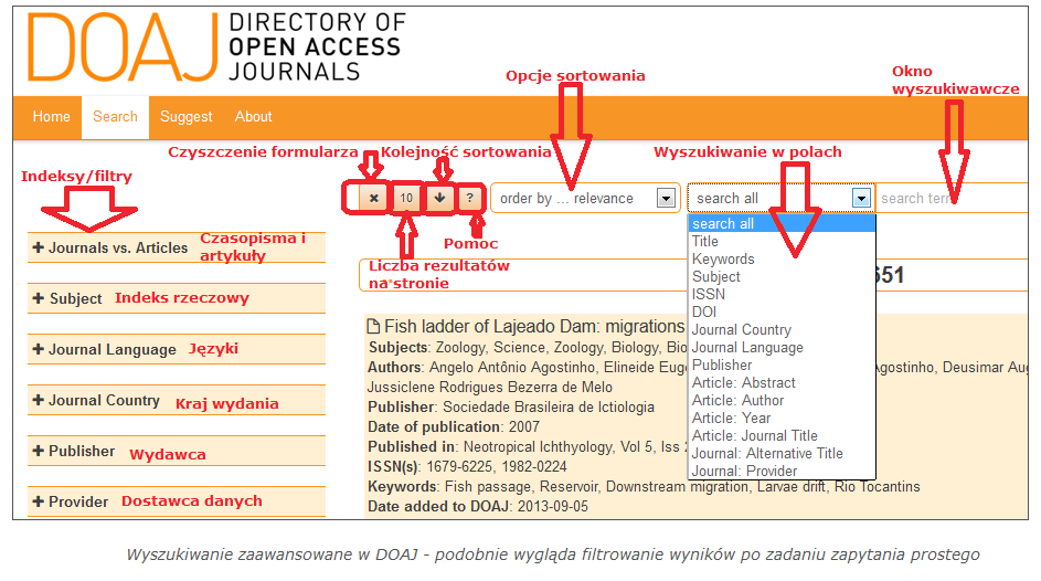 Rysunek 17: Wyszukiwanie zaawansowane w katalogu DOAJ Directory of Open Access Journals przykład repozytorium dziedzinowego posłużyło repozytorium E-LIS.