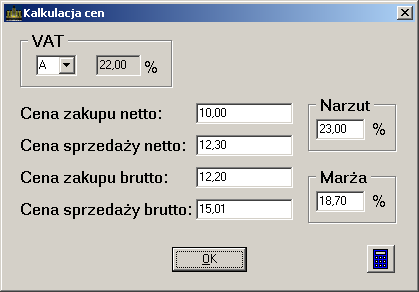 Rys.39. Okno kalkulacji cen.