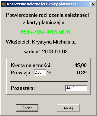 j Rys.49. Rozliczanie naleŝności z karty płatniczej. 5.2.2. Wyszukiwanie naleŝności z kart. Wyszukuje Ŝądaną naleŝność na podstawie zadanego ciągu znaków (np. daty transakcji). 5.2.3.