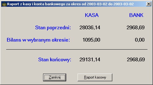 j wybranego okresu (Stan poprzedni). PoniŜej pokazany jest bilans w wybranym okresie. Na samym dole widać stan końcowy kasy oraz konta bankowego.