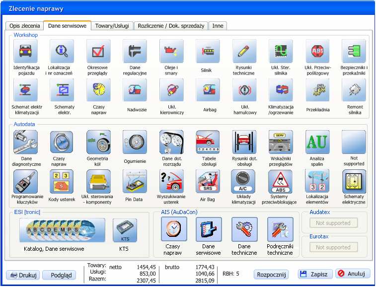 11.2 Współpraca z systemami serwisowymi Dostęp do poszczególnych opcji programów zewnętrznych jest zrealizowany w formie graficznej, w zakładce Dane serwisowe karty zlecenia (Rys. 11-2).