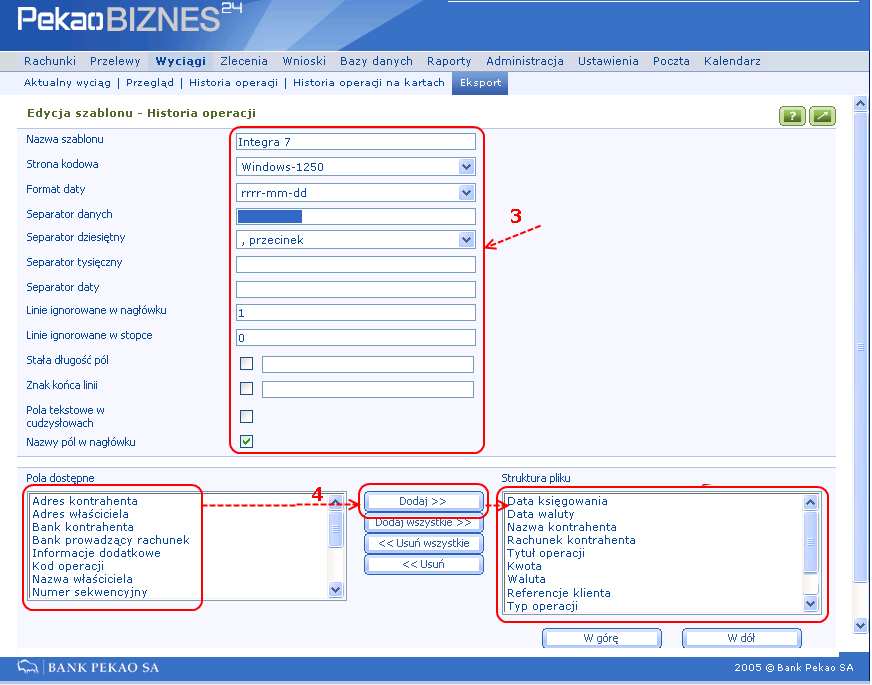 13.1.2 Bank Pekao SA PekaoBIZNES24 (Rys. 13-2) (1) Wybieramy z menu pozycję Wyciągi, a następnie Eksport (2) Tworzymy nowy szablon, wybierając z listy rozwijalnej opcję historia operacji Rys.