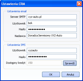 W oknie konfiguracyjnym wypełniamy dane dot. parametrów własnego konta e-mail oraz SMS (Rys. 14-2).