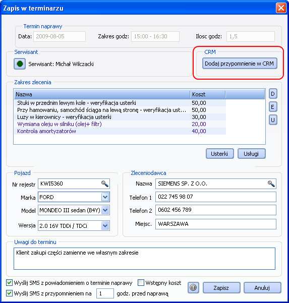 4 Przypomnienia w Terminarzu Podczas wpisywania umówionego terminu w module Terminarza, moŝna spowodować, Ŝe program zapisze przypomnienie dotyczące tego terminu w module CRM / Zadania.