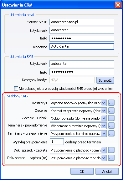 15.2.1 Podpinanie zdefiniowanych szablonów SMS pod określone miejsca w programie.