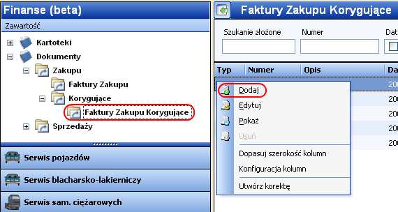 Wystawiamy dokument FZK, wciskając prawy przycisk myszy na dokumencie, który chcemy skorygować i wybieramy Utwórz korektę albo dodajemy nowy dokument z poziomu Faktur