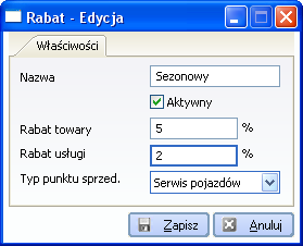 6.13.4 Rabaty Okno dodawania rabatów oraz ich modyfikacji wyświetlamy podobnie jak było to w przypadku parametrów omawianych powyŝej (Administracja Rabaty). Z chwilą wyświetlenia okna (Rys.