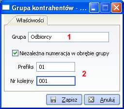 nie. Grupy kontrahentów (rys. 7-9) (Menu programu -> Kartoteki -> Kontrahenci - Inne -> Grupy) Rys. 7-9 Karta Grupa kontrahentów 1. Grupa Określenie nazwy grupy kontrahentów.