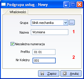 Podgrupy usług (rys. 7-8) (Menu programu -> Kartoteki -> Usługi - Inne -> Podgrupy). Rys. 7-8 Karta Podgrupa usług - Nowy 1. Podgrupa określenie nazwy podgrupy usług. 2.