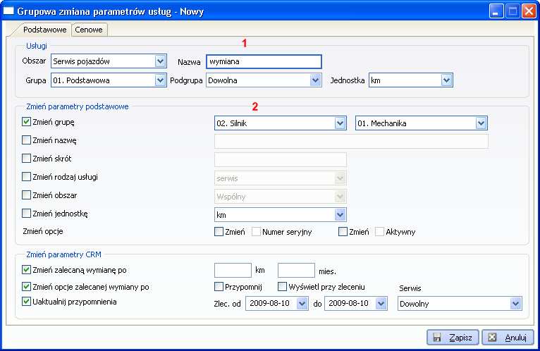 7.7.2 Grupowa zmiana parametrów kartoteki usług.