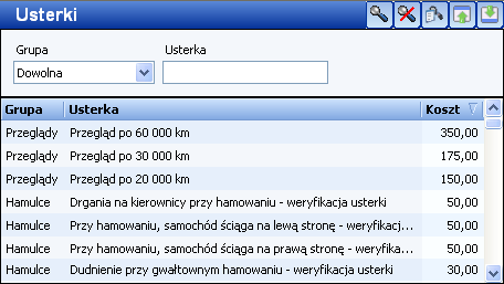 Po wprowadzeniu danych kontrahenta i pojazdu, kolejny krok to określenie zakresu zlecenia, który moŝna uzupełnić przy pomocy dostępnego w programie słownika usterek i usług lub dopisując poszczególne