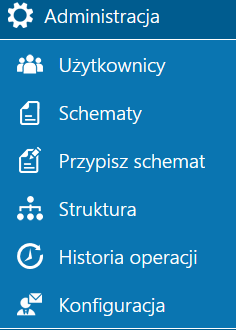 4 Administracja W menu Administracja zostały zgrupowane opcje dotyczące zarządzania użytkownikami, uprawnieniami oraz tworzeniem struktury podległościowej i konfiguracji powiadomień mailowych.