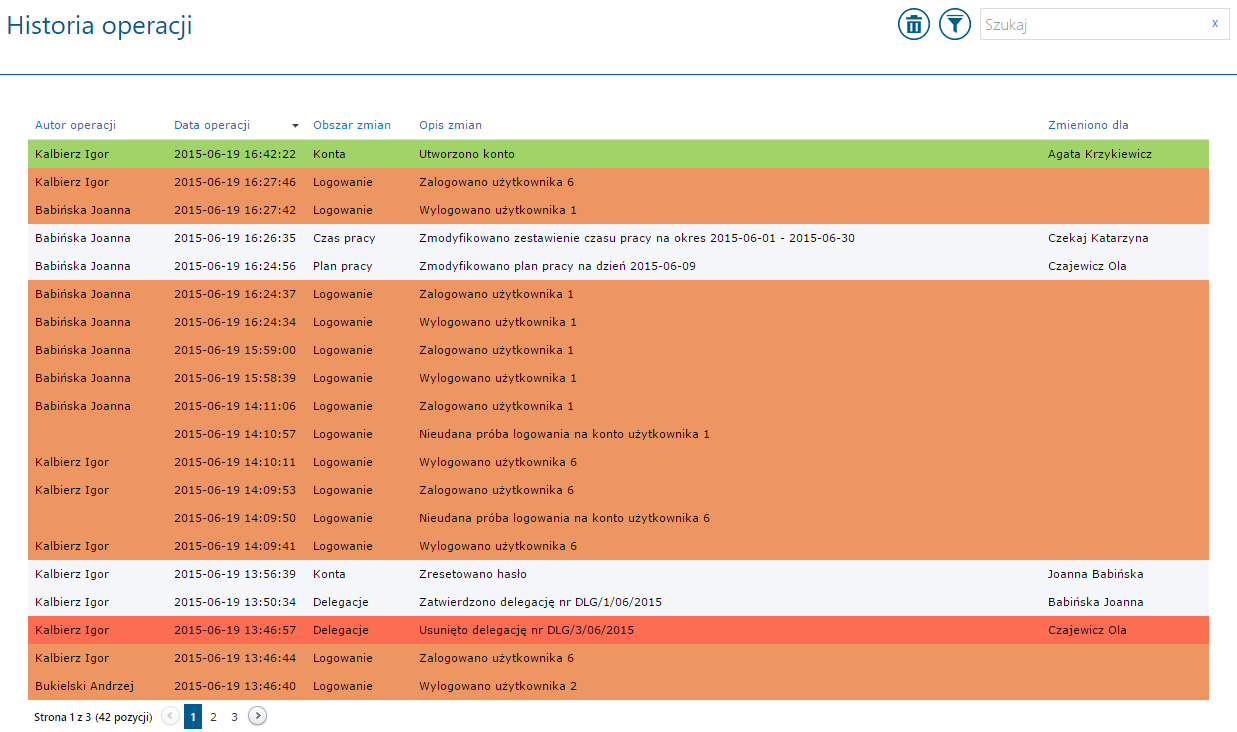 Rys. Widok listy zmian w historii operacji Pod przyciskiem filtra można dodatkowo ograniczyć zakres wyświetlanych danych wyszukując zmiany wykonane we wskazanym okresie czasu lub dla wskazanego