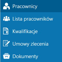 7 Pracownicy W menu Pracownicy zostały zgrupowane opcje dotyczące wyświetlania list pracowników, kwalifikacji, umów zleceń oraz dokumentów podwładnych pracowników. Rys. Menu Pracownicy 7.