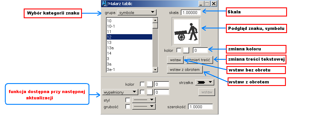 10. Malarz tablic Naciśnięcie ikonki 7 powoduje otwarcie okna dialogowego Wybór kategorii umożliwia wybór odpowiedniej grupy znaków.