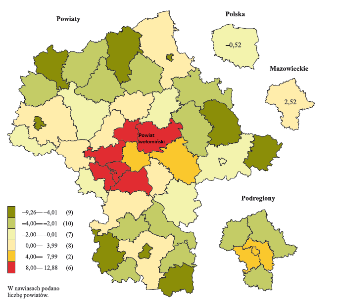 Rysunek 12 Saldo migracji wewnętrznych i zagranicznych na pobyt stały na 1000 ludności w województwie mazowieckim według podregionów i powiatów w 2013 r.