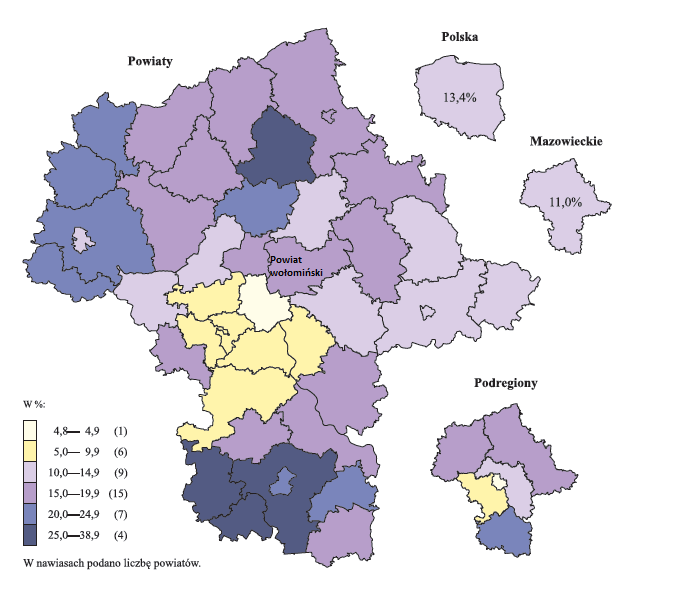 Rysunek 13 Stopa bezrobocia rejestrowanego w województwie mazowieckim według podregionów i powiatów w 2013 r.