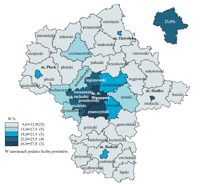 Rysunek 24 Ludność w wieku 13 lat i więcej z wykształceniem wyższym według powiatów województwa mazowieckiego w 2011 r.