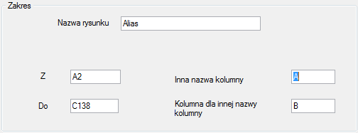 Zakładka Inne dane (opcjonalnie) Wskazujemy arkusz i zakres zawierające listę przyporządkowania nazw kolumn w arkuszu Excel (literowych) do atrybutów tekstowych bloków funkcjonalnych.