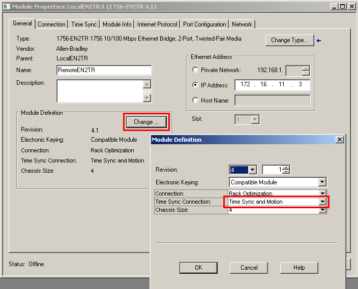 Włączenie CIP Sync na zdalnym module ethernet EN2TR 8. Kliknij dwa razy na Remote EN2TR (slot 1) w drzewie I/O Configuration. 9. W zakładce General, kliknij na przycisk Change.