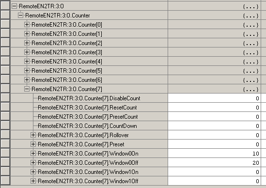 16. Otwórz ponownie Controller tags i ustaw zmienne RemoteEN2TR:3:O.Counter[7].Window0On na 10 i RemoteEN2TR:3:O.Counter[7].Window0Off na 20.