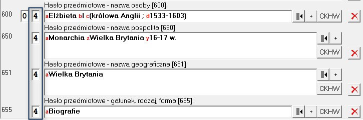 Hasła przedmiotowe We wszystkich polach 6xx drugi wskaźnik będzie miał zawsze wartość 4.