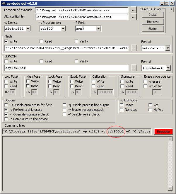 AVRDUDE + AVRDUDE-GUI (PROGRAMATOR Z WSADEM STK500V2) Wskazujemy lokalizację plików avrdude.exe oraz avrdude.conf.