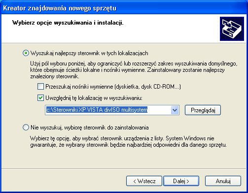Instalacja sterowników w Windows na przykładzie Windows XP Przed podłączeniem urządzeń, należy rozpakować zawartość pliku zip do folderu, który łatwo będzie zlokalizować gdy system o to poprosi