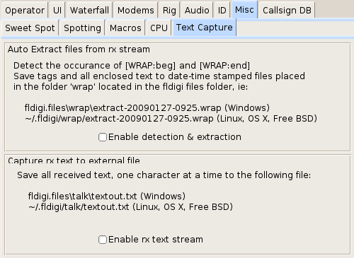 Fldigi może korzystać z szeregu plików zawierających definicje makrorozkazów. Zaznaczenie pola Load last used macro file.