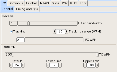 Konfiguracja dla telegrafii Konfiguracji tej dokonuje się na karcie CW w oknie konfiguracyjnym otwieranym poprzez menu Configure/Modems ( Konfiguruj/Modemy ) albo przez wybranie w linii informacyjnej