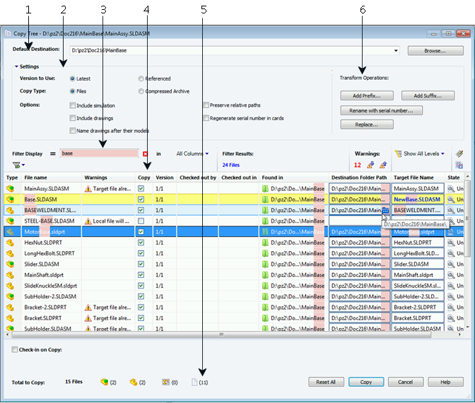 SOLIDWORKS Enterprise PDM W oknie dialogowym Kopiuj drzewo: 1. Opcja Domyślne miejsce docelowe wyświetla bieżącą lokalizację folderu wybranego pliku.