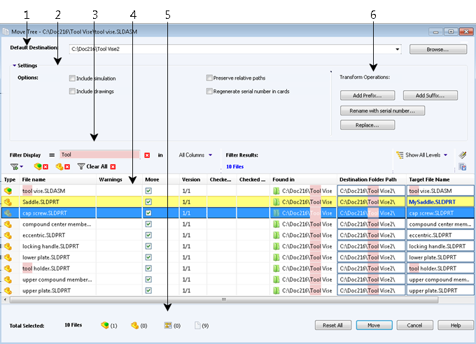 SOLIDWORKS Enterprise PDM W oknie dialogowym Przenieś drzewo: 1. Opcja Domyślne miejsce docelowe wyświetla bieżącą lokalizację folderu wybranego pliku.