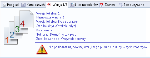 SOLIDWORKS Enterprise PDM Nie wybrano pliku Wybrano folder Wybrano wiele plików Ponadto w przypadku wybrania pliku, który nie ma najnowszej wersji lokalnej, pojawia się komunikat ostrzegawczy.