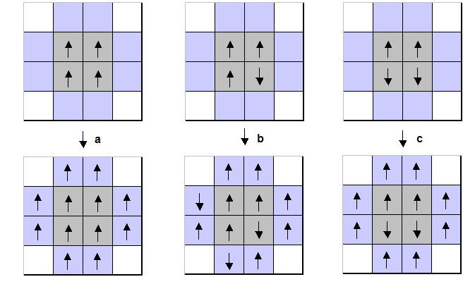 4. Modele sieciowe w symulacji zachowań społecznych Rysunek 9: Reguły modelu: (a) Jednomyślność panelu przekonuje wszystkich sąsiadów.