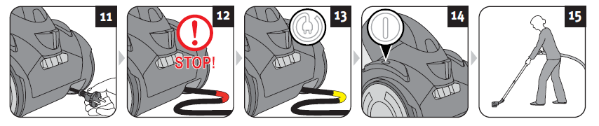 Rozdział 2. UŻYTKOWANIE Strona - 4-2.2. Odkurzanie Podczas przechodzenia do kolejnego, odkurzanego pomieszczenia, wyłącz odkurzacz. Niebezpieczeństwo obrażeń!