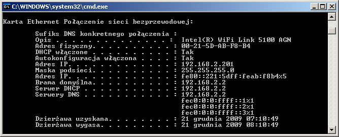 IPCONFIG /all Wyświetla parametry