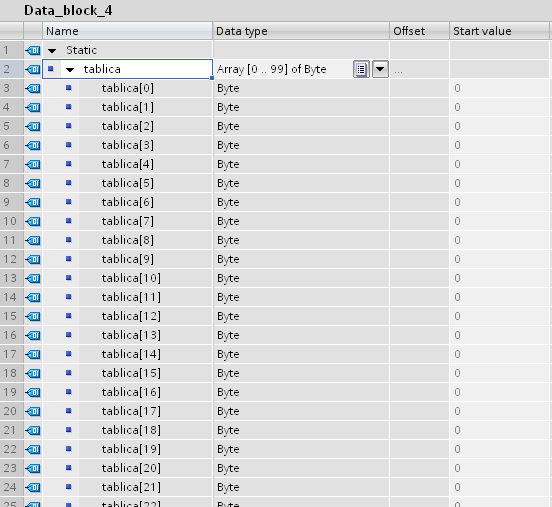 W drugim bloku danych umieszczamy tablicę array składającą się ze 100 elementów typu bajt. W tym celu w polu Name wpisujemy nazwę tablicy, np. tablica.