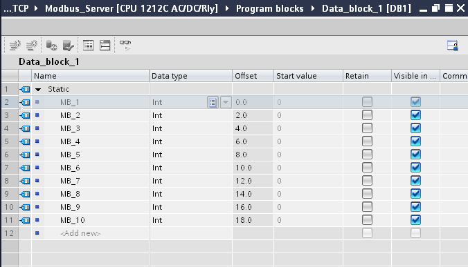 W bloku danych tworzymy 10 zmiennych typu Int (razem 20 bajtów). Następnie w bloku OB1 MAIN wywołujemy dwukrotnie instrukcję MB_SERVER i określamy parametry połączenia: - DISCONNECT ustawiamy na zero.