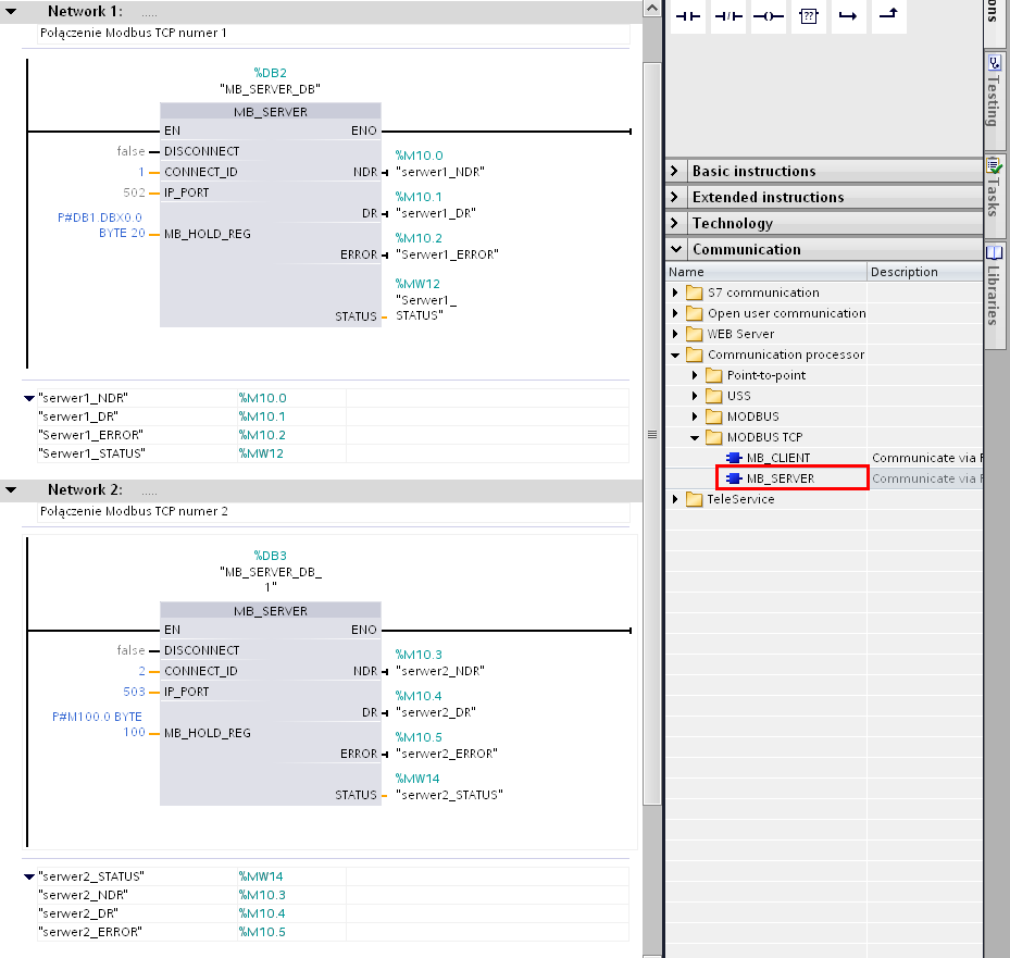 4.2 Wyjaśnienie parametrów wejściowych MB_SERVER Parametr Typ danych Opis DISCONNECT Bool MB_SERVER próbuje nawiązać pasywne połączenie z partnerem.