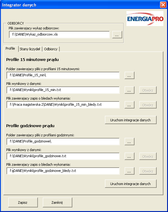 oczyszczenie, zebranie i integracje danych dotyczących stanów licznikowych oraz zapisanie ich w postaci wynikowych plików tekstowych.