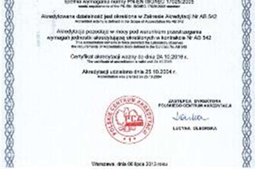 ODDZIAŁ LABORATORYJNY Powiatowej Stacji Sanitarno-Epidemiologicznej w Wieluniu Od dnia 25 października 2004 roku posiadamy Certyfikat Akredytacji Nr AB 542 przyznany przez Polskie Centrum