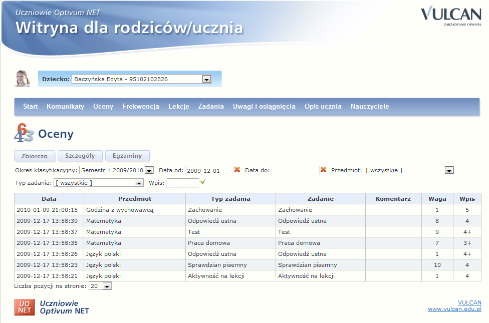 Istniej też możliwośd uzyskania szczegółowej informacji o ocenach z