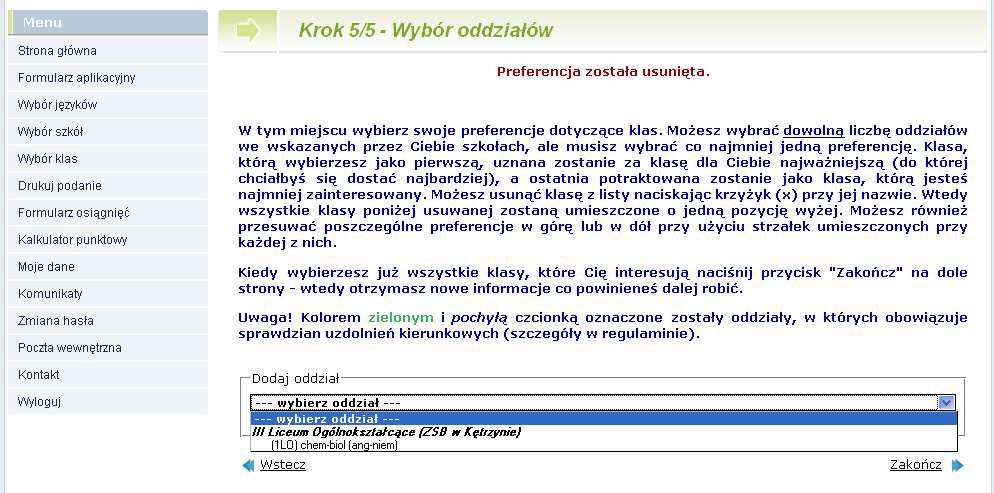 Następnie w obrębie tych szkół wybierz oddziały,