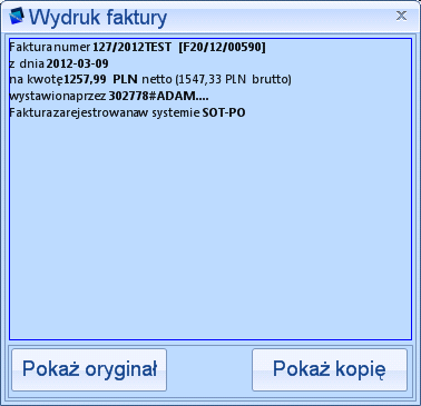 W systemie pojawia się okno, w którym należy uzupełnić wyłącznie pole Nr faktury. Numer faktury jest kolejnym numerem z Państwa numeracji.