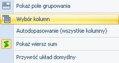 towarów kolumna VAT nie jest widoczna, należy ustawić się na nazwie dowolnej kolumny i pod prawym klawiszem myszy wskazać opcję Wybór kolumn: Następnie z okna Dostosowywanie chwycić VAT (dla