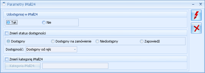 Z poziomu menu Ogólne/ Cennik lub Handel/ Zasoby w operacjach seryjnych dostępna jest opcja Zmiana parametrów imall24: Parametry imall24 Dla pozycji zaznaczonych na liście można włączyć parametr