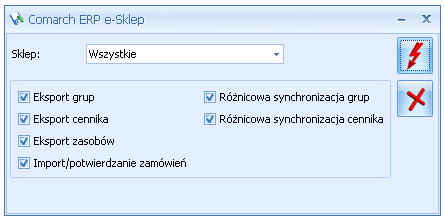 W oknie tym można wskazać, czego ma dotyczyć synchronizacja. Oddzielnie można dokonywać samych eksportów towarów, grup lub zasobów, a oddzielnie importu zamówień.