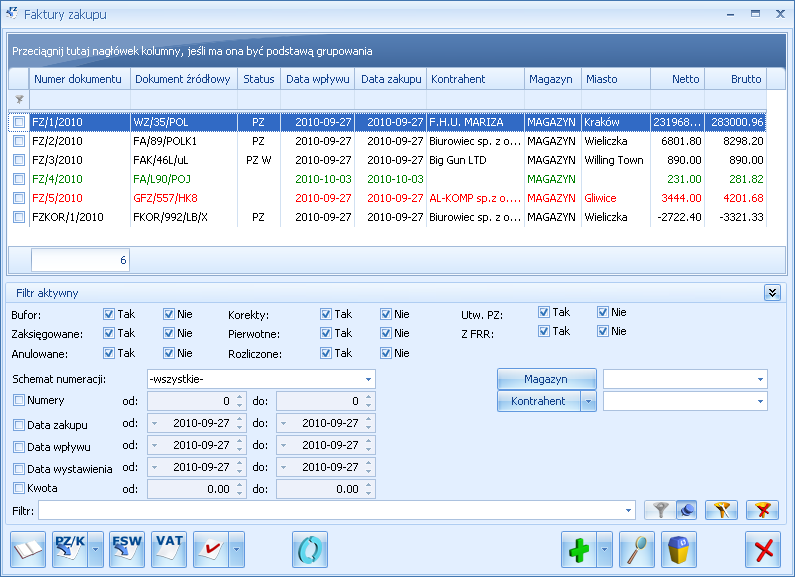 Rys. Lista Faktur Zakupu Oprócz standardowych przycisków, lista obsługiwana jest przez przyciski: - Księgowanie do rejestru VAT zaksięgowanie zaznaczonych FZ.