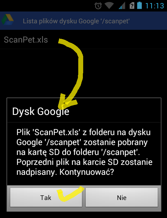 Rysunek 16. Kopiowanie pliku z dysku Google na dysk własny aplikacji ScanPet Po pomyślnym skopiowaniu pliku, powinien pojawić się na moment komunikat: Plik ScanPet.XLS został pobrany!